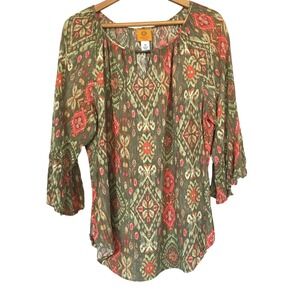 Ruby Rd Woman Green Boho Ikat Print Metallic Long Sleeve Blouse Top Plus Size 1X